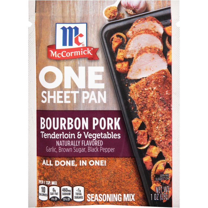 ['McCormick One Sheet Pan Bourbon Pork seasoning mix package with a picture of a sheet pan with pork and vegetables.']