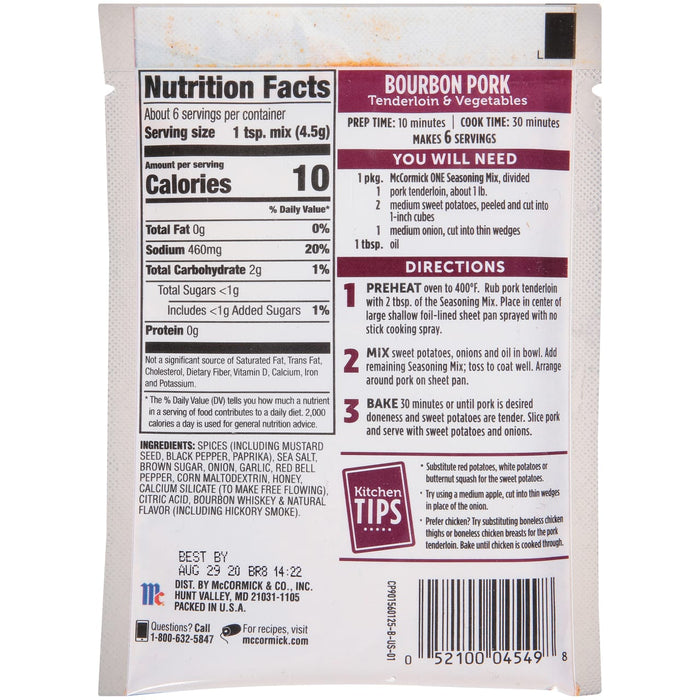 ['McCormick Bourbon Pork Tenderloin &amp; Vegetables seasoning packet with nutrition facts and directions.']