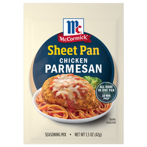 McCormick One Sheet Pan Chicken Parmesan seasoning mix package with a serving suggestion of chicken and broccoli on a sheet pan.