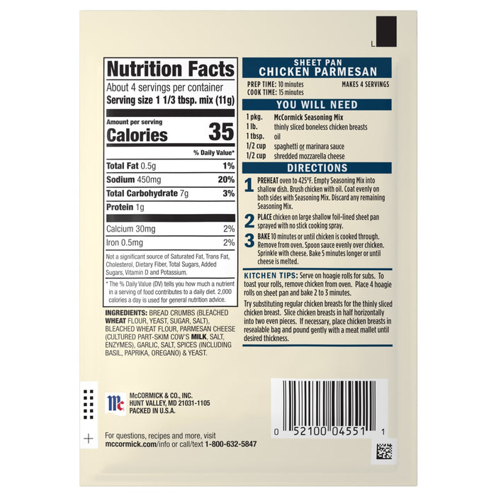 A McCormick Perfect Pinch Italian Seasoning packet shows the nutrition facts and directions for use.