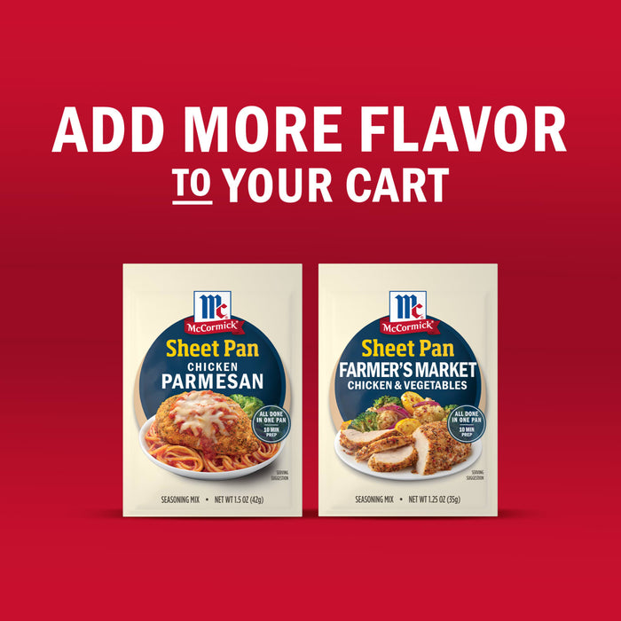 McCormick Sheet Pan meal starters are featured in an advertisement encouraging customers to add more flavor to their cart.