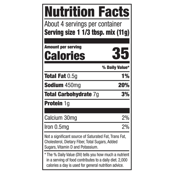This is a nutrition facts label showing a serving size of 1 1/2 tsp mix (11g) with 35 calories.