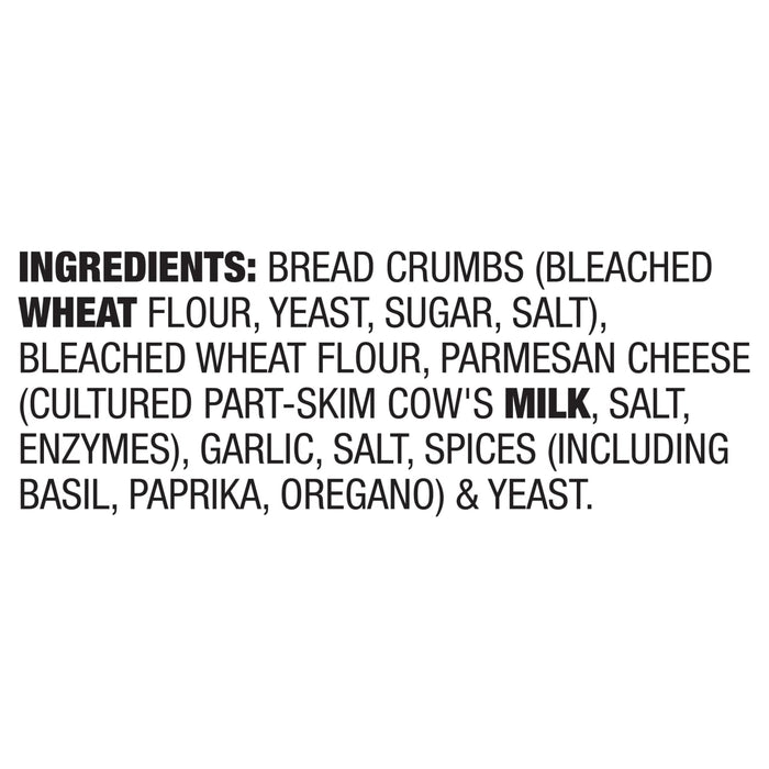 The image shows the ingredient list for a food product, including bread crumbs, bleached wheat flour, Parmesan cheese, garlic, salt, and spices.