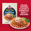 A package of McCormick Sheet Pan Parmesan seasoning mix is displayed next to a plate of spaghetti topped with breaded chicken, tomato sauce, and melted cheese, highlighting the Italian-inspired flavors of parmesan, basil, and oregano.