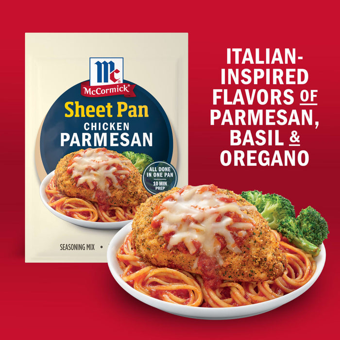 A package of McCormick Sheet Pan Parmesan seasoning mix is displayed next to a plate of spaghetti topped with breaded chicken, tomato sauce, and melted cheese, highlighting the Italian-inspired flavors of parmesan, basil, and oregano.