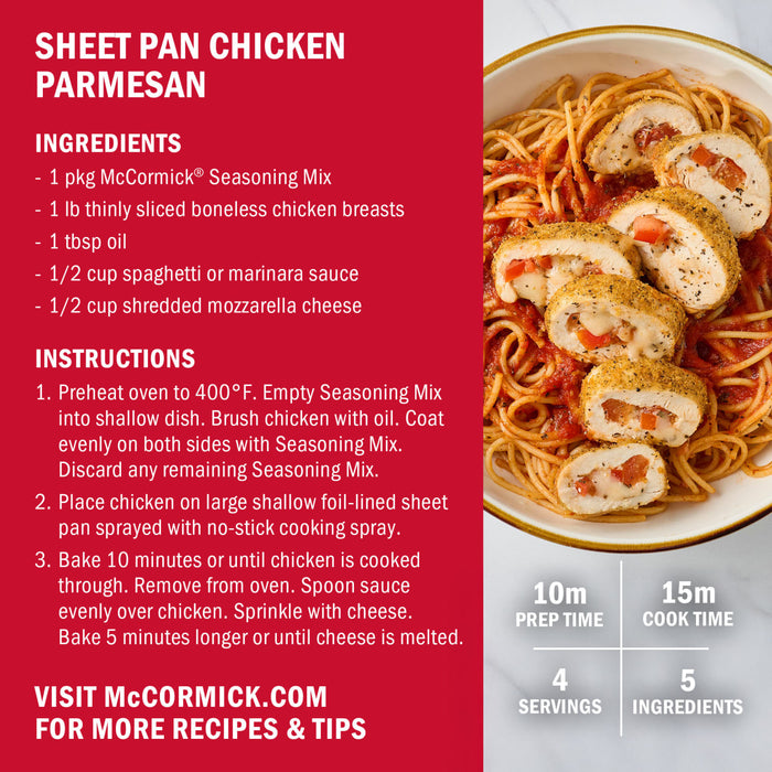 McCormick Sheet Pan Chicken Parmesan recipe with ingredients and instructions.