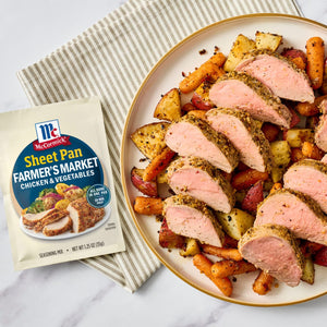 McCormick Sheet Pan Farmers Market Pork Tenderloin and Vegetables meal is displayed on a plate.