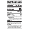 The image shows a nutrition facts label with a serving size of 2 tsp mix, 15 calories, 0% total fat, 30% sodium, 1% total carbohydrate, and less than 1g of protein.