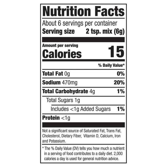 The image shows a nutrition facts label with a serving size of 2 tsp mix, 15 calories, 0% total fat, 30% sodium, 1% total carbohydrate, and less than 1g of protein.