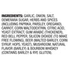 The image shows a list of ingredients including garlic, onion, salt, demerara sugar, herbs and spices, carrot, corn maltodextrin, citric acid, yeast extract, gum arabic, red bell pepper, silicon dioxide, beer, mushroom, natural flavor, and bourbon whiskey.