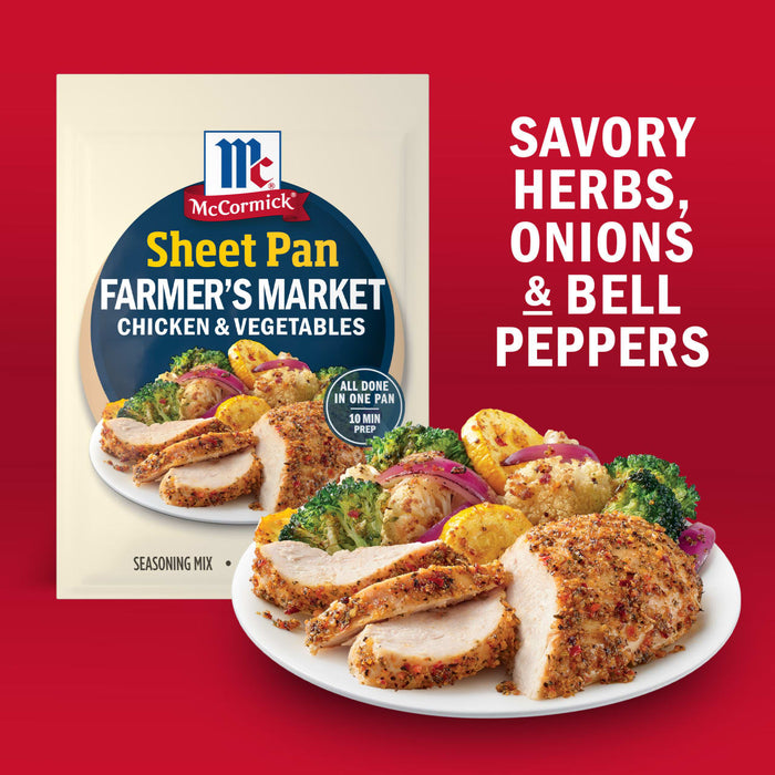 McCormick Sheet Pan Farmer's Market Chicken &amp; Vegetables seasoning mix is shown with a prepared dish featuring savory herbs, onions, and bell peppers.