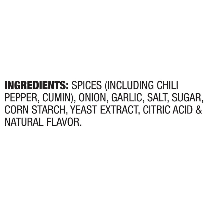 The image shows the ingredient list for a spice blend, including chili pepper, cumin, onion, garlic, salt, sugar, cornstarch, yeast extract, citric acid, and natural flavor.
