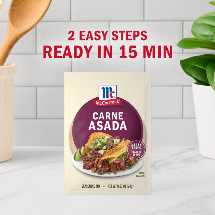 McCormick Carne Asada seasoning packet promises a quick and easy meal in just 15 minutes.