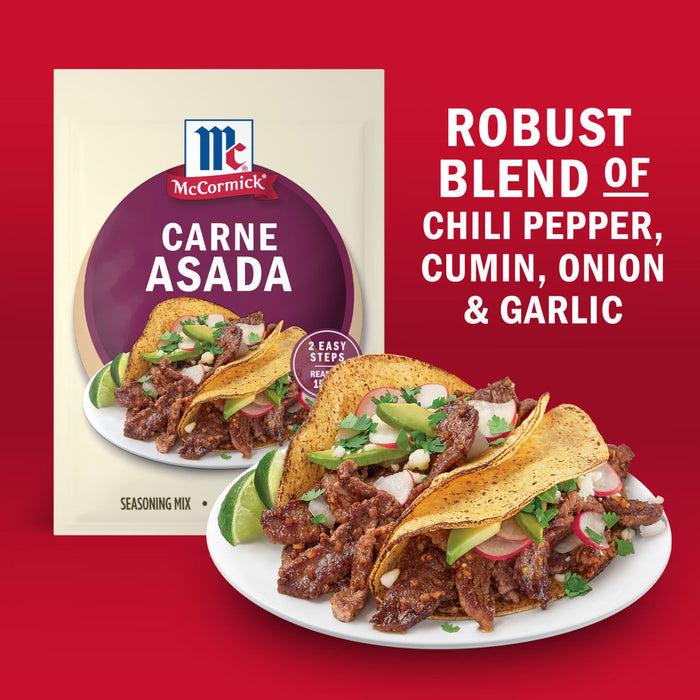 McCormick Carne Asada seasoning packet and prepared tacos, highlighting the robust blend of chili pepper, cumin, onion, and garlic.