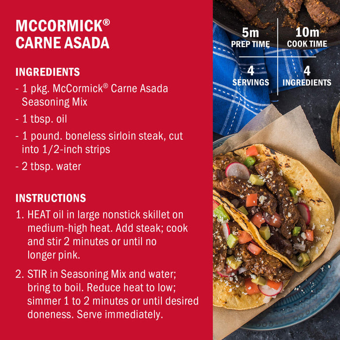 McCormick Carne Asada recipe with ingredients and instructions for preparing the dish.