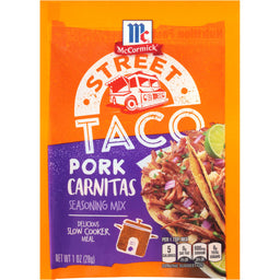 ['McCormick Street Taco Pork Carnitas Seasoning Mix package with a picture of tacos and a slow cooker.']