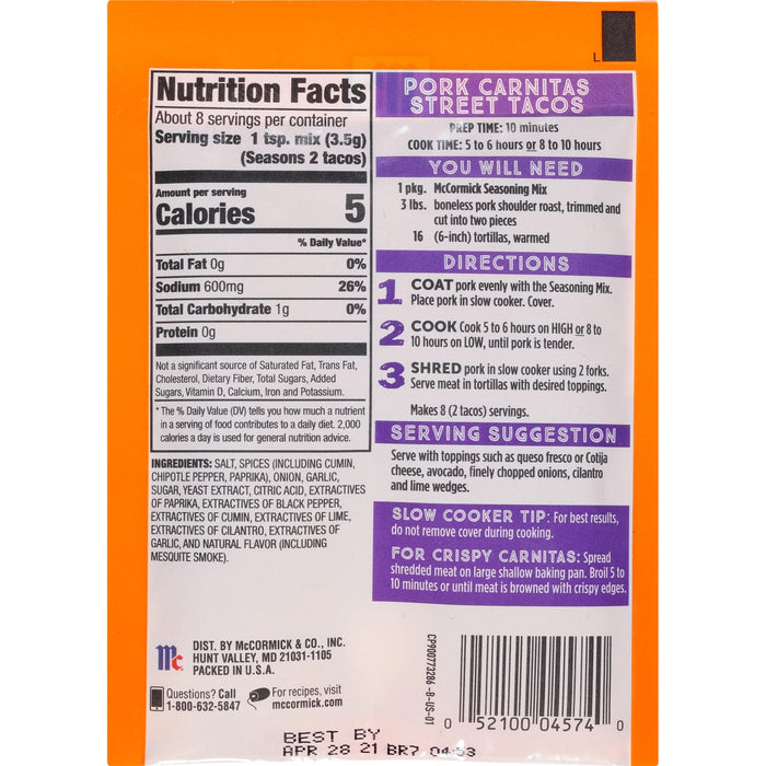 ['McCormick Pork Carnitas Street Tacos Seasoning Mix package with nutrition facts and directions.']