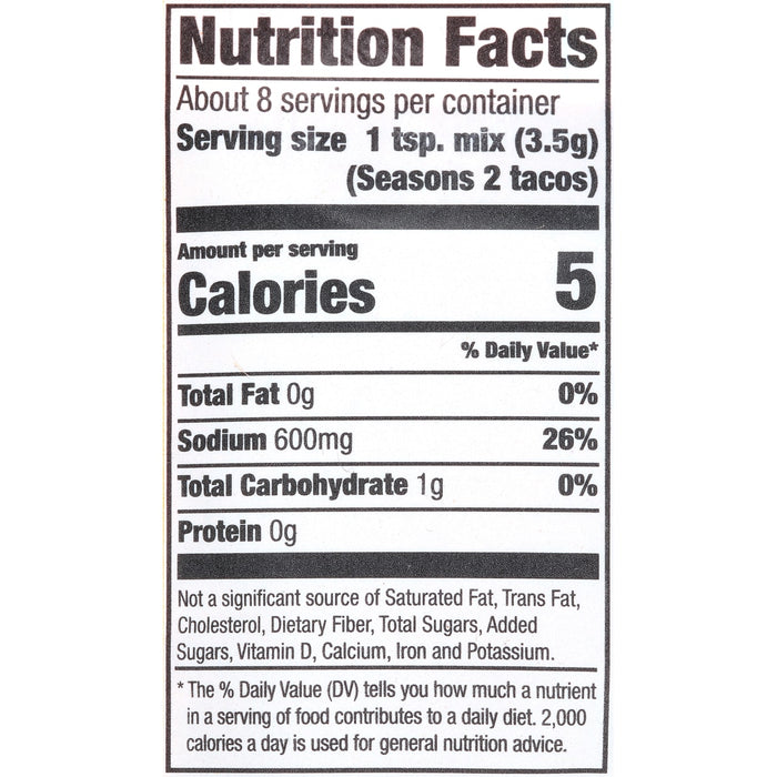 ['Nutrition facts label for a seasoning mix.']