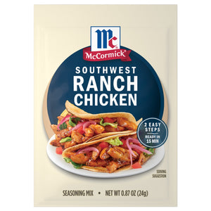 McCormick Southwest Ranch Chicken seasoning mix packet featuring a prepared chicken taco.