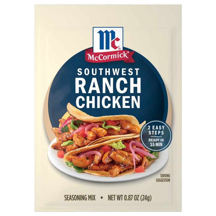 McCormick Southwest Ranch Chicken seasoning mix packet featuring a prepared chicken taco.