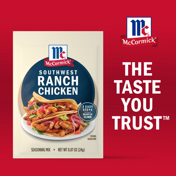 McCormick Southwest Ranch Chicken seasoning packet is displayed with a prepared dish, emphasizing the brand's trusted taste.