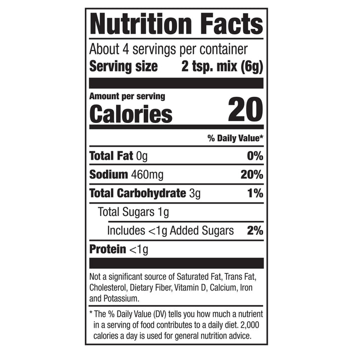 Nutrition facts label showing that a serving size of 2 tsp of mix contains 20 calories, 0g of total fat, 450mg of sodium, 3g of total carbohydrates, and less than 1g of protein.