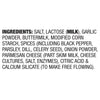 The image shows the ingredient list for a food product, including salt, lactose, garlic powder, buttermilk, modified corn starch, spices, onion powder, and parmesan cheese.