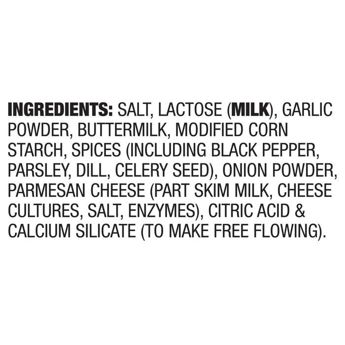 The image shows the ingredient list for a food product, including salt, lactose, garlic powder, buttermilk, modified corn starch, spices, onion powder, and parmesan cheese.