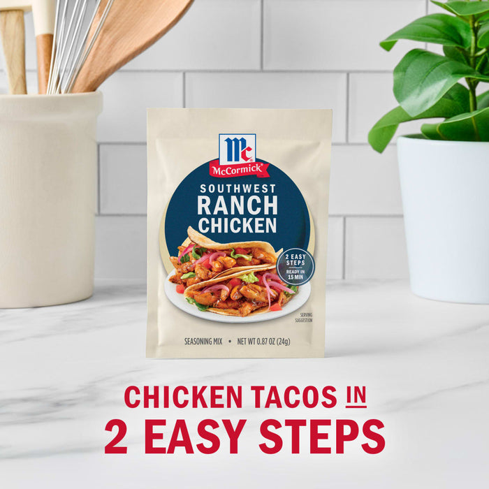 A packet of McCormick Southwest Ranch Chicken seasoning mix is displayed, advertising chicken tacos in two easy steps.
