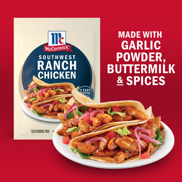 McCormick Southwest Ranch Chicken seasoning packet is displayed next to a plate of chicken tacos, highlighting the ingredients of garlic powder, buttermilk, and spices.
