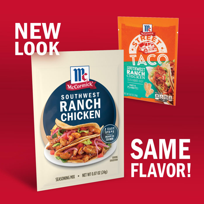 McCormick's Southwest Ranch Chicken seasoning packet with a new look but the same flavor, alongside an older taco seasoning packet.