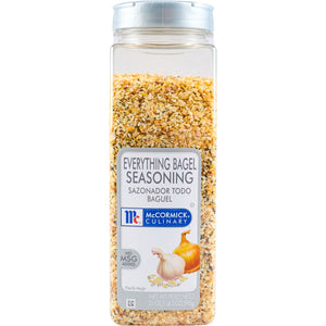 A container of McCormick Everything Bagel Seasoning is shown, highlighting its use of garlic and onion.