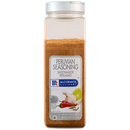 A clear, rectangular container of Mccormick Culinary Peruvian Seasoning Powder 24 Oz is shown against a white background, with the label featuring images of garlic, chili peppers, and lime.