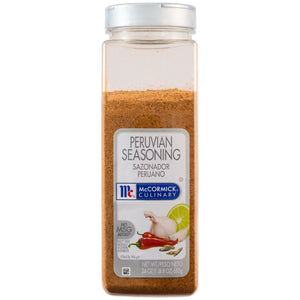 A clear, rectangular container of Mccormick Culinary Peruvian Seasoning Powder 24 Oz is shown against a white background, with the label featuring images of garlic, chili peppers, and lime.