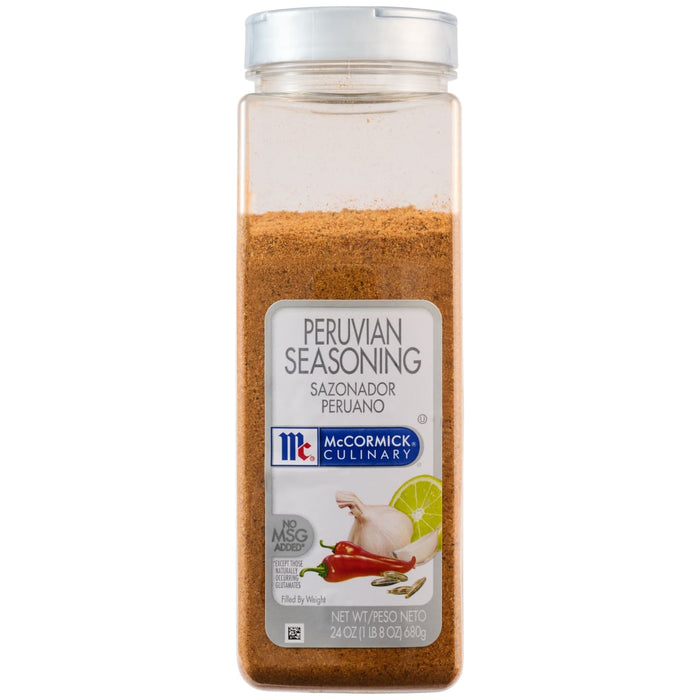 A clear, rectangular container of Mccormick Culinary Peruvian Seasoning Powder 24 Oz is shown against a white background, with the label featuring images of garlic, chili peppers, and lime.