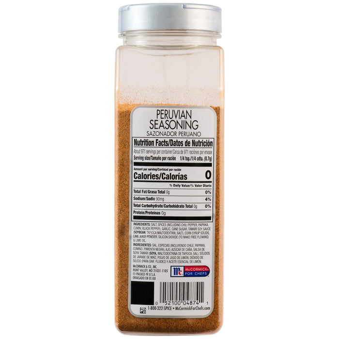 The back of a clear plastic container of Mccormick Culinary Peruvian Seasoning Powder 24 Oz, showing the nutrition facts and ingredients list on the label.