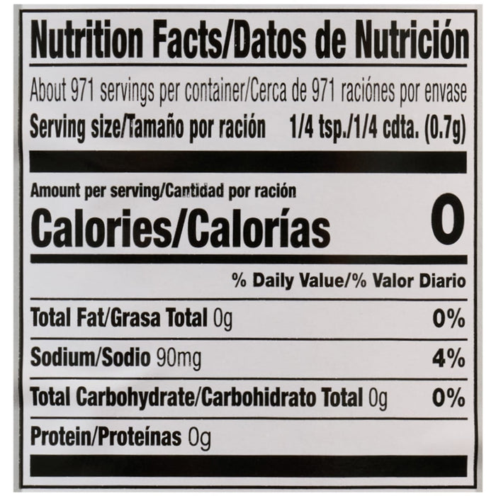 The bilingual English and Spanish nutrition facts label for Mccormick Culinary Peruvian Seasoning Powder 24 Oz shows that a one-quarter teaspoon serving contains zero calories and 90 milligrams of sodium.