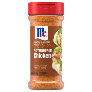 A clear bottle of Mccormick Perfect Pinch Rotisserie Chicken Seasoning Powder 5 Oz is shown against a white background, featuring a brown label with a picture of a chicken wrap.