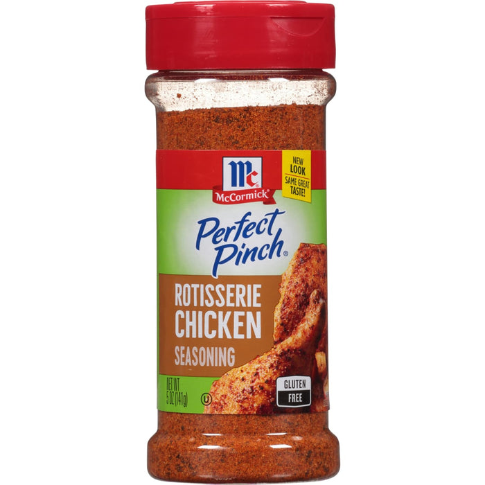 ['A bottle of McCormick Perfect Pinch Rotisserie Chicken Seasoning.']
