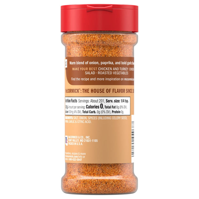 The back of a bottle of Mccormick Perfect Pinch Rotisserie Chicken Seasoning Powder 5 Oz displays the nutritional facts and ingredients list.