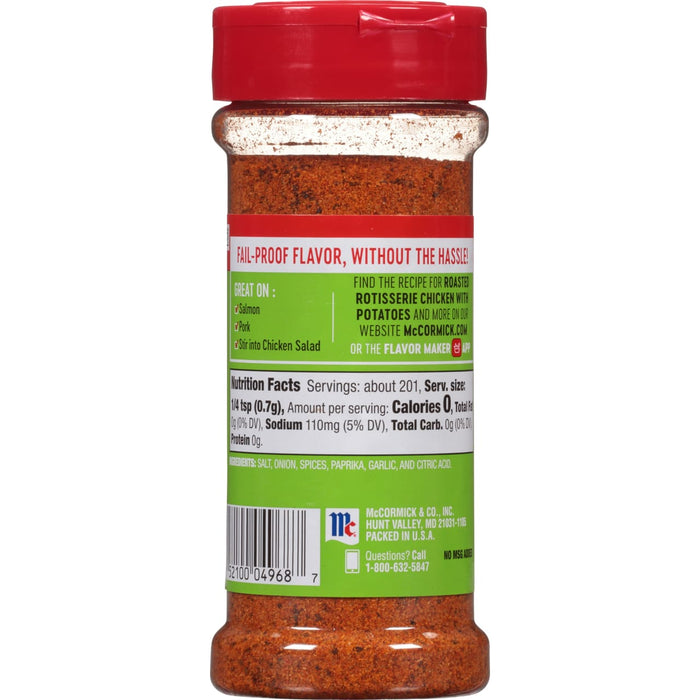 ['A bottle of McCormick Rotisserie Chicken seasoning with a red lid and green label.']