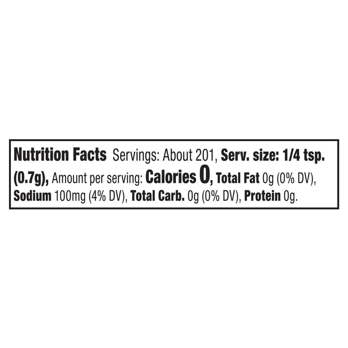 The nutrition facts label for Mccormick Perfect Pinch Rotisserie Chicken Seasoning Powder 5 Oz, showing it contains 0 calories per serving.