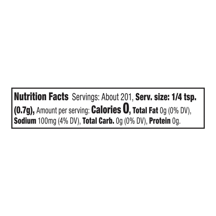 A nutrition facts label for Mccormick Perfect Pinch Rotisserie Chicken Seasoning Powder 5 Oz showing zero calories and 100mg of sodium per serving.