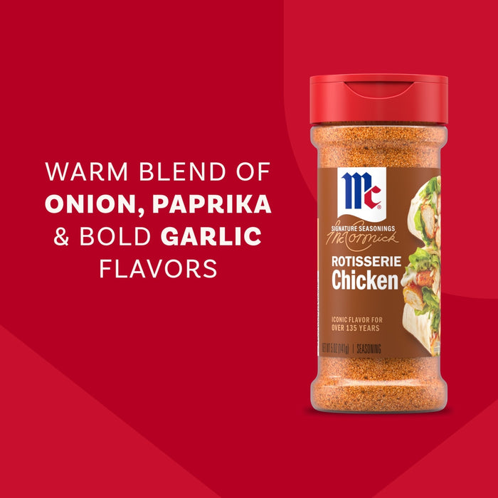 A bottle of Mccormick Perfect Pinch Rotisserie Chicken Seasoning Powder 5 Oz is displayed against a red background featuring text that highlights its warm blend of onion, paprika, and bold garlic flavors.