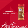 A bottle of Mccormick Perfect Pinch Rotisserie Chicken Seasoning Powder 5 Oz is displayed against a red background with the text Versatile Pantry Staple and the brand logo.