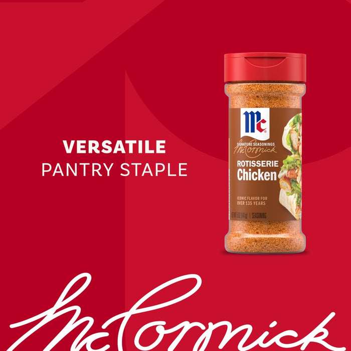 A bottle of Mccormick Perfect Pinch Rotisserie Chicken Seasoning Powder 5 Oz is displayed against a red background with the text Versatile Pantry Staple and the brand logo.