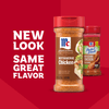An advertisement shows the packaging transition, with the new McCormick Signature Seasonings Rotisserie Chicken in the foreground and the previous bottle of Mccormick Perfect Pinch Rotisserie Chicken Seasoning Powder 5 Oz in the background, under the text 'New Look, Same Great Flavor'.