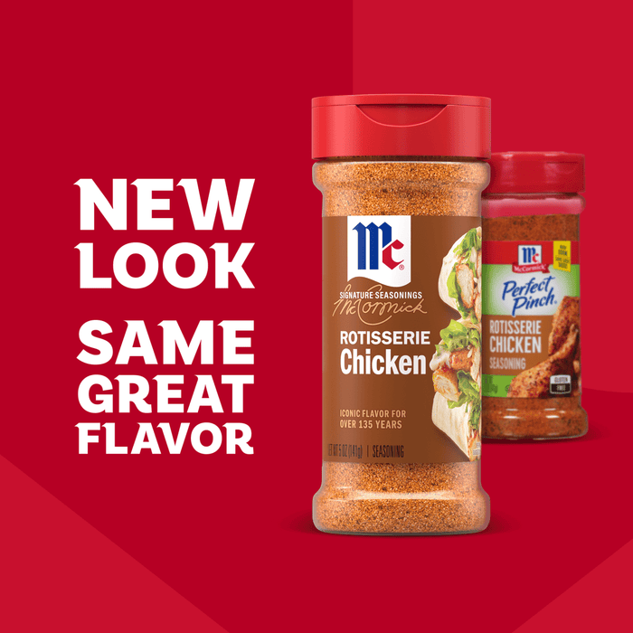 An advertisement shows the packaging transition, with the new McCormick Signature Seasonings Rotisserie Chicken in the foreground and the previous bottle of Mccormick Perfect Pinch Rotisserie Chicken Seasoning Powder 5 Oz in the background, under the text 'New Look, Same Great Flavor'.