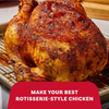 A whole roasted bird seasoned to perfection with Mccormick Perfect Pinch Rotisserie Chicken Seasoning Powder 5 Oz rests on a wire rack over a baking sheet.