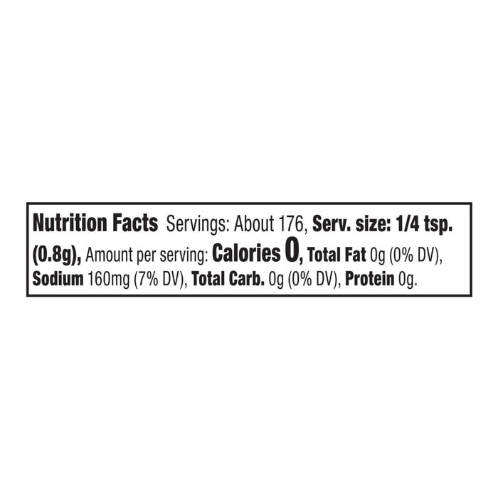 A nutrition facts label for Mccormick Perfect Pinch Cajun Seasoning Ground 5 Oz showing zero calories and 160mg of sodium per one quarter teaspoon serving.